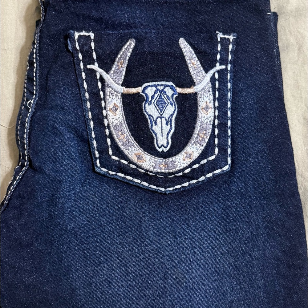 Boot Cut Blue Jeans with Western Skull Embellishment